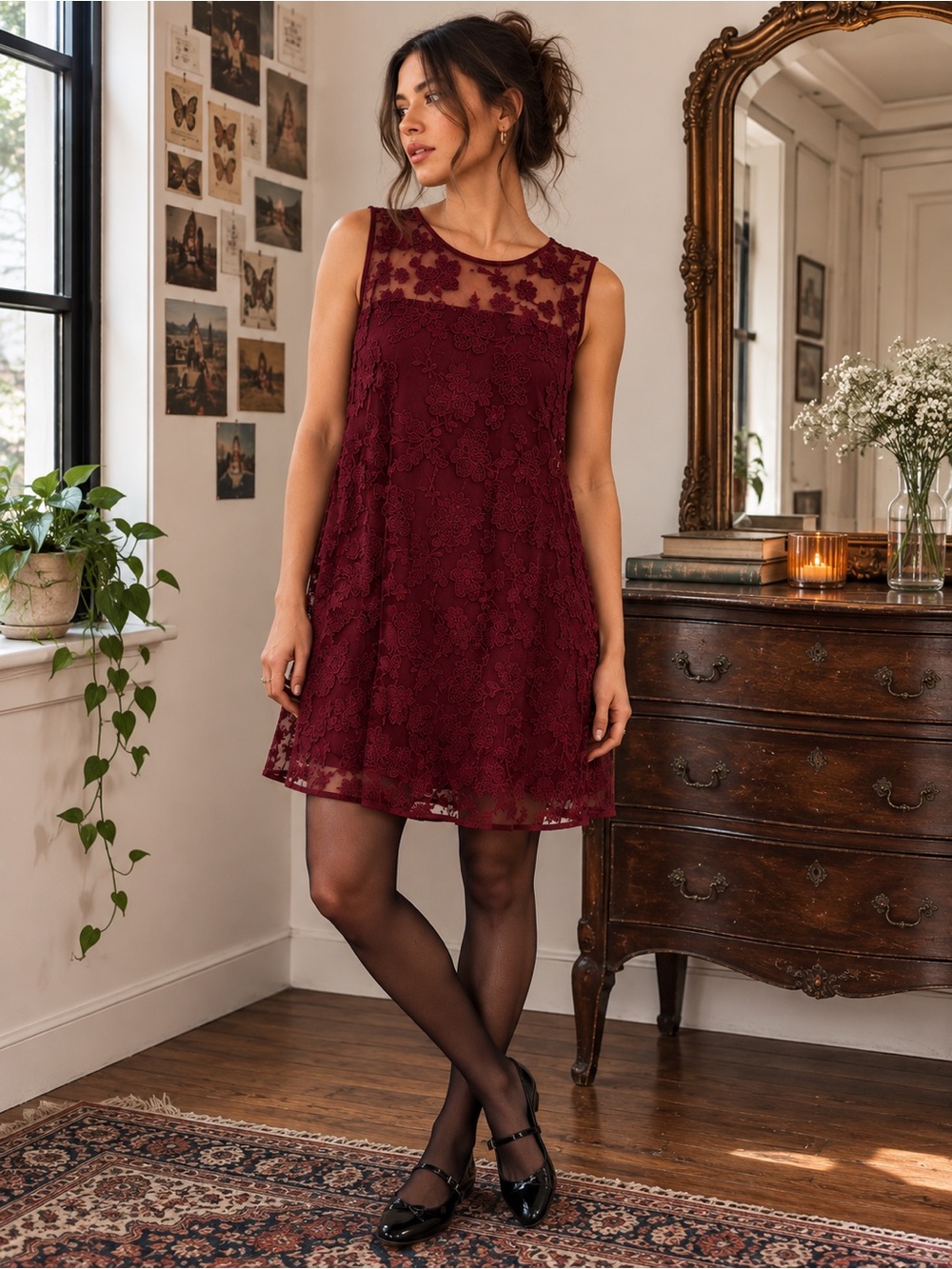Burgundy Embroidered Mesh Dress Romantic Coquette Whimsy Goth Robbie Bee XL